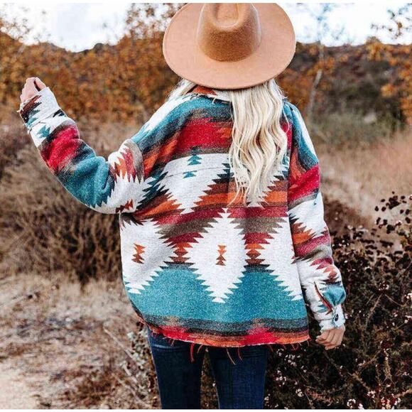 La Miel Womens Jacket Small Southwest Aztec Oversized Button Down Lightweight - Picture 15 of 16